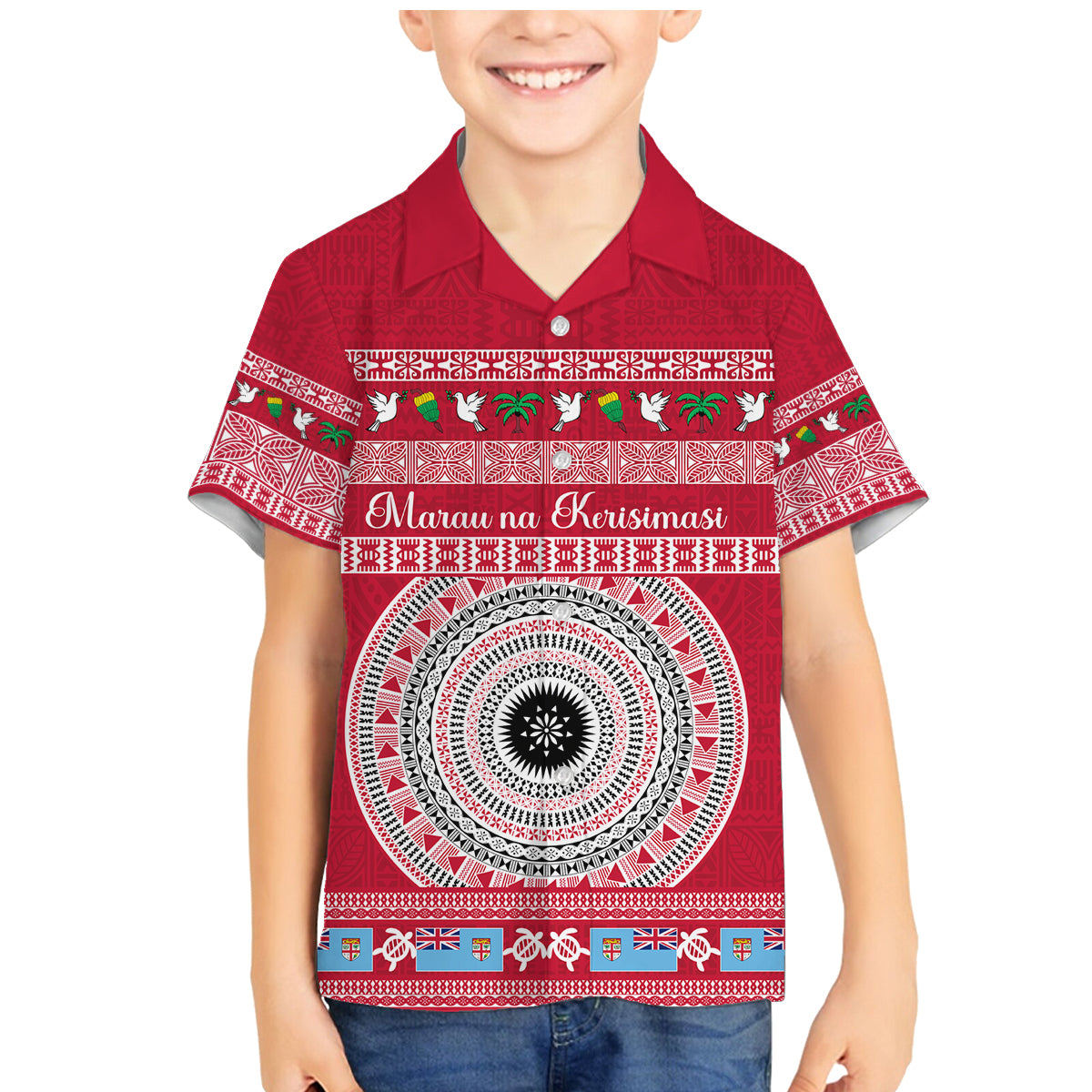 Personalised Fiji Marau Na Kerisimasi Family Matching Mermaid Dress and Hawaiian Shirt Merry Christmas Tapa Pattern Red Style LT9 Son's Shirt Red - Polynesian Pride