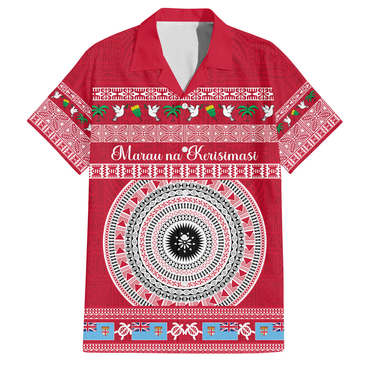Personalised Fiji Marau Na Kerisimasi Family Matching Off Shoulder Short Dress and Hawaiian Shirt Merry Christmas Tapa Pattern Red Style LT9 Dad's Shirt - Short Sleeve Red - Polynesian Pride