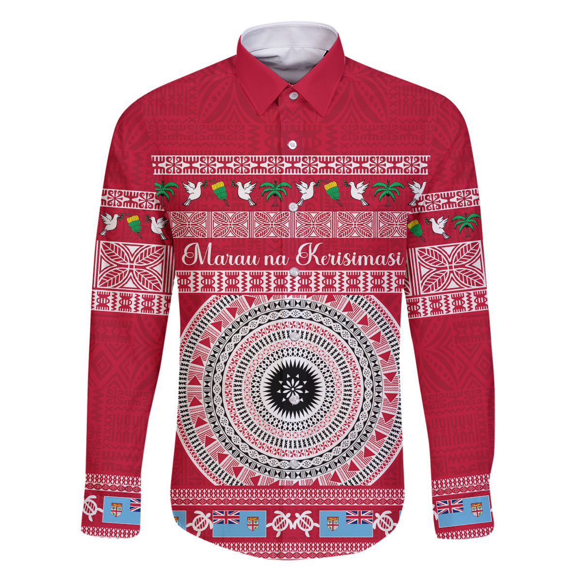 Personalised Fiji Marau Na Kerisimasi Family Matching Puletasi Dress and Hawaiian Shirt Merry Christmas Tapa Pattern Red Style LT9 Dad's Shirt - Long Sleeve Red - Polynesian Pride