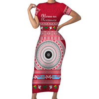 Personalised Fiji Marau Na Kerisimasi Family Matching Short Sleeve Bodycon Dress and Hawaiian Shirt Merry Christmas Tapa Pattern Red Style LT9 Mom's Dress Red - Polynesian Pride