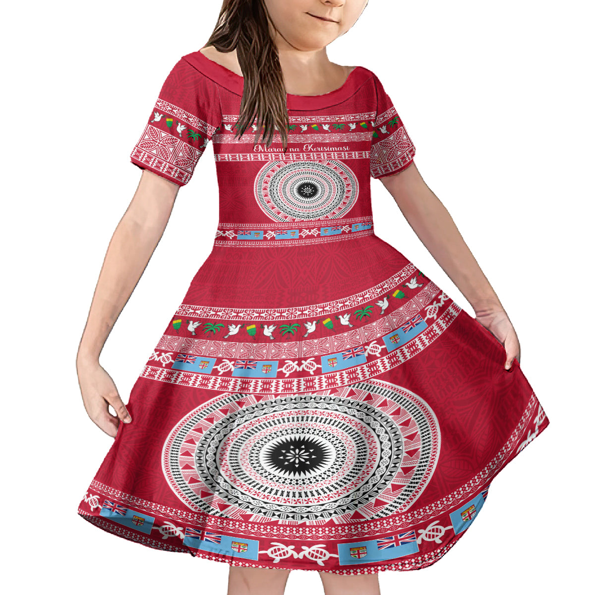 Personalised Fiji Marau Na Kerisimasi Kid Short Sleeve Dress Merry Christmas Tapa Pattern Red Style LT9 KID Red - Polynesian Pride