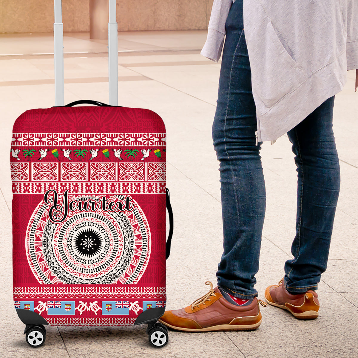 Personalised Fiji Marau Na Kerisimasi Luggage Cover Merry Christmas Tapa Pattern Red Style LT9 Red - Polynesian Pride