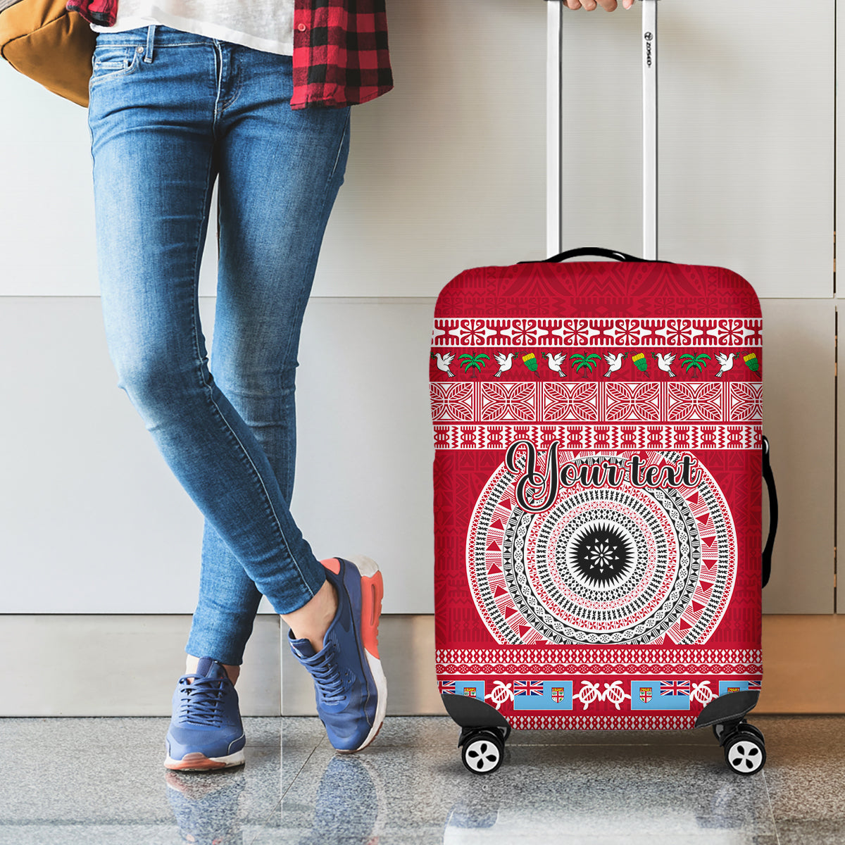 Personalised Fiji Marau Na Kerisimasi Luggage Cover Merry Christmas Tapa Pattern Red Style LT9 - Polynesian Pride