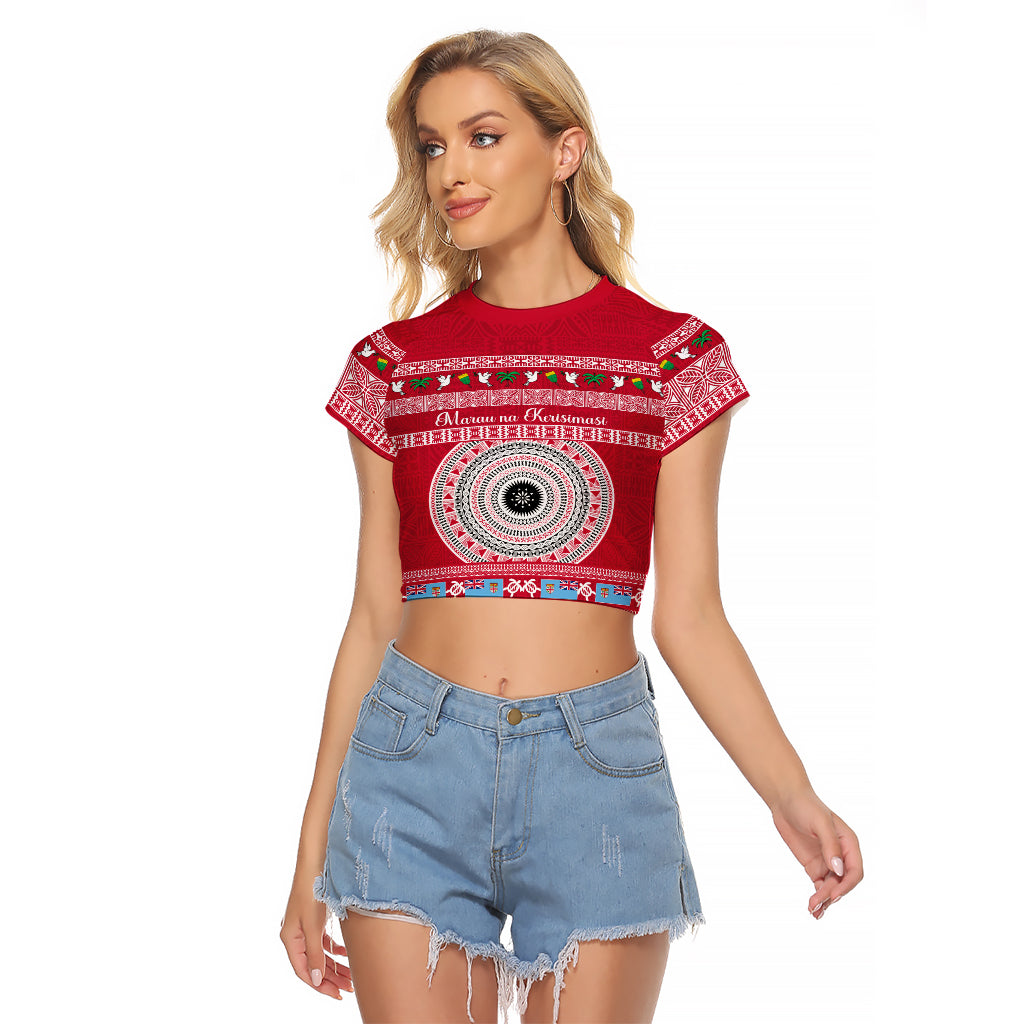 Personalised Fiji Marau Na Kerisimasi Raglan Cropped T Shirt Merry Christmas Tapa Pattern Red Style LT9 Female Red - Polynesian Pride