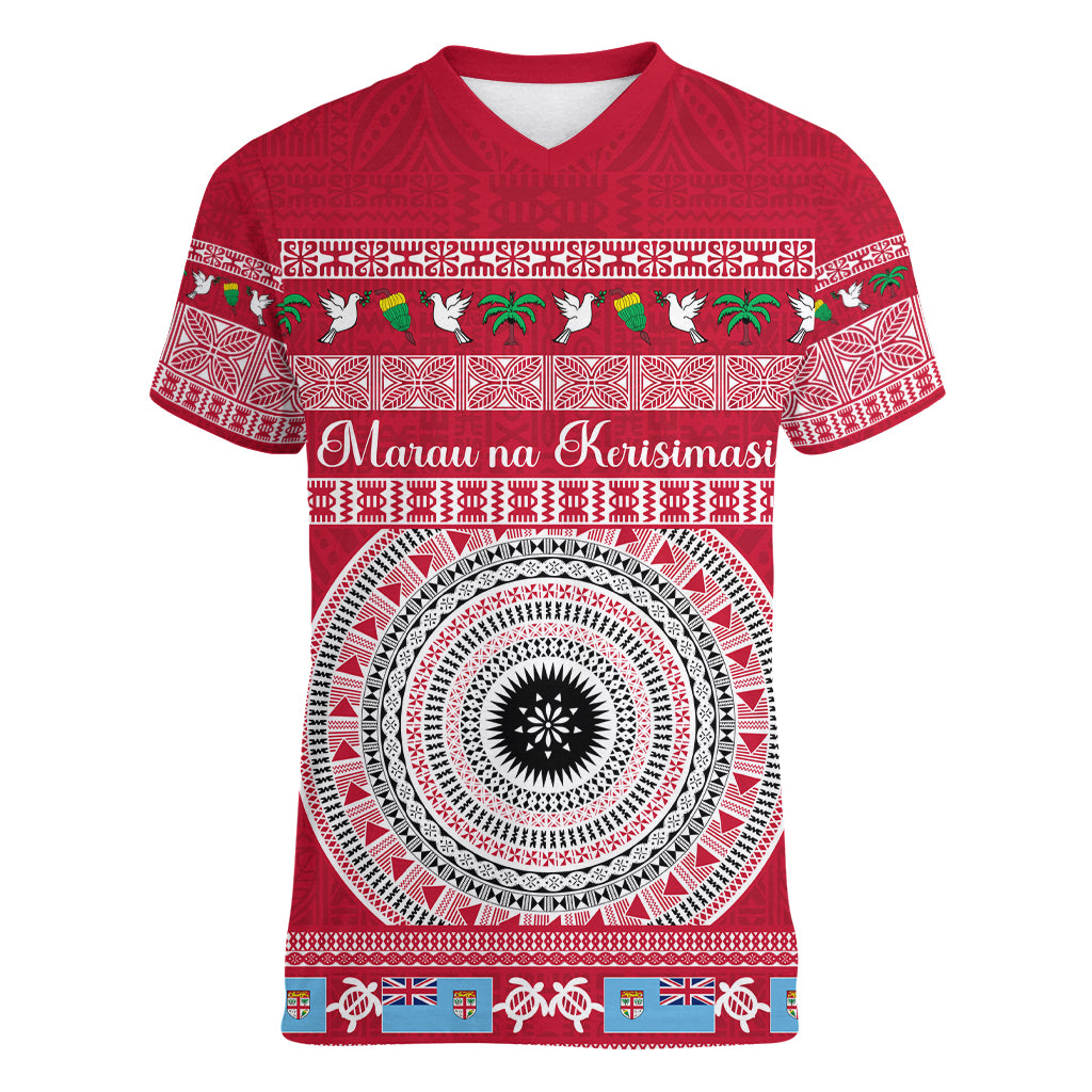Personalised Fiji Marau Na Kerisimasi Women V Neck T Shirt Merry Christmas Tapa Pattern Red Style LT9 Female Red - Polynesian Pride