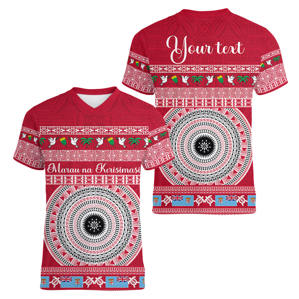 Personalised Fiji Marau Na Kerisimasi Women V Neck T Shirt Merry Christmas Tapa Pattern Red Style LT9 - Polynesian Pride