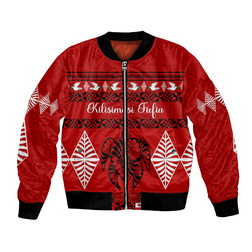 Personalised Tonga Kilisimasi Fiefia Bomber Jacket Merry Christmas with Turtle Ngatu Pattern LT9 Unisex Red - Polynesian Pride