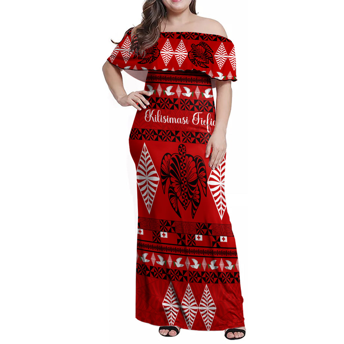 Personalised Tonga Kilisimasi Fiefia Family Matching Off Shoulder Maxi Dress and Hawaiian Shirt Merry Christmas with Turtle Ngatu Pattern LT9 Mom's Dress Red - Polynesian Pride
