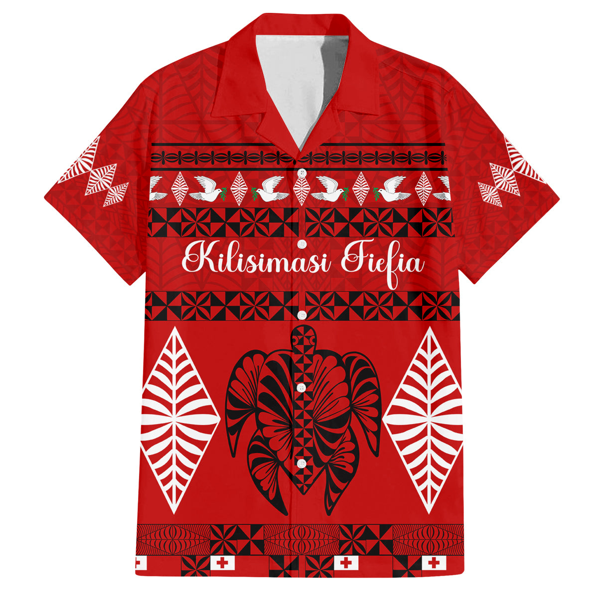 Personalised Tonga Kilisimasi Fiefia Family Matching Puletasi Dress and Hawaiian Shirt Merry Christmas with Turtle Ngatu Pattern LT9 Dad's Shirt - Short Sleeve Red - Polynesian Pride