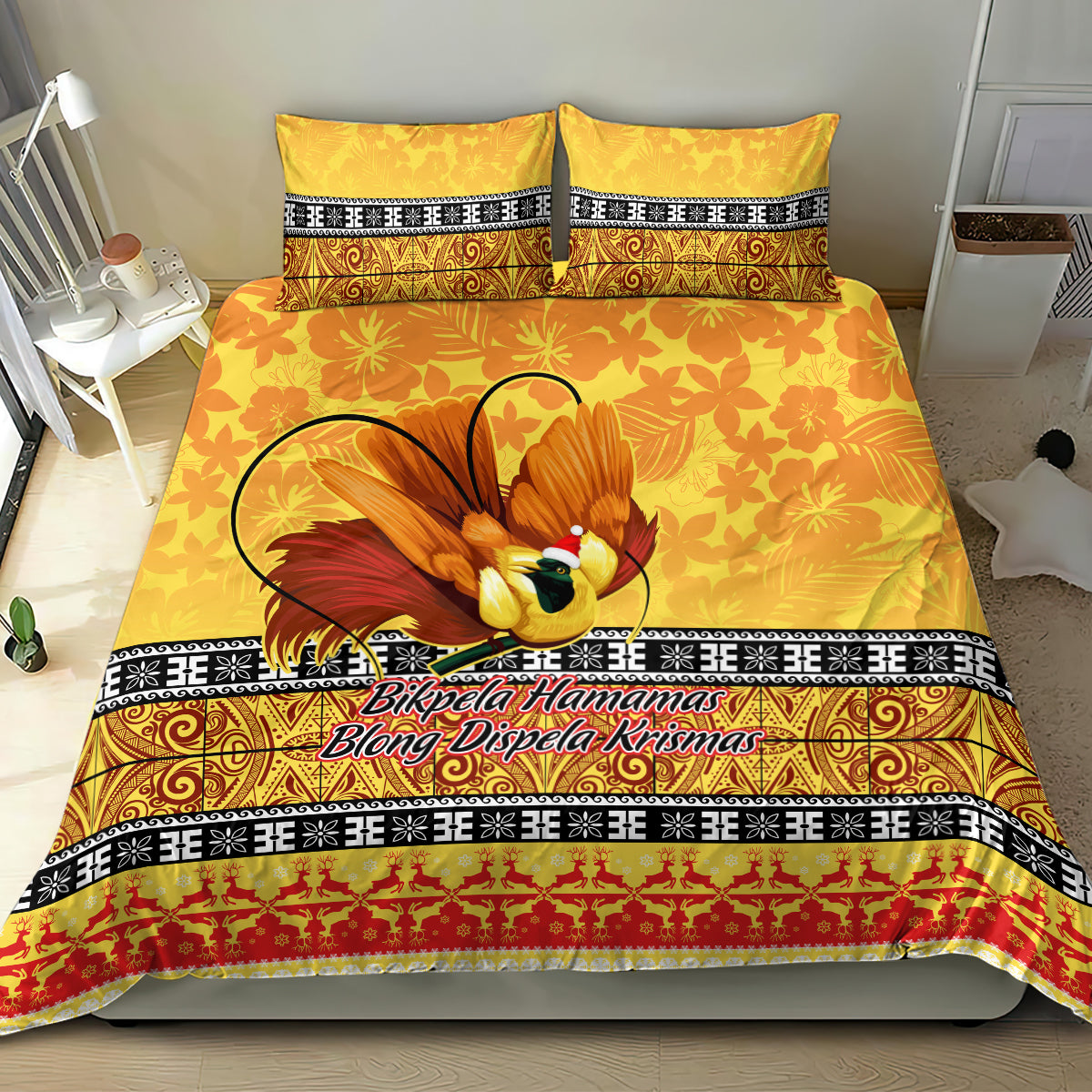 PNG Hamamas Krismas Bedding Set Papua New Guinea Bird Of Paradise Merry Christmas Gold Style LT9 - Polynesian Pride