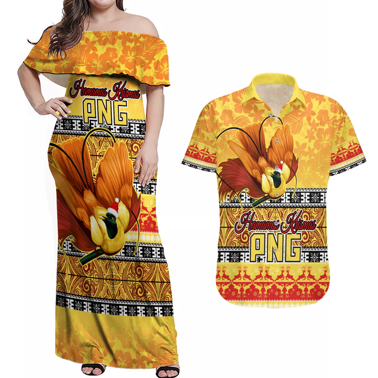 PNG Hamamas Krismas Couples Matching Off Shoulder Maxi Dress and Hawaiian Shirt Papua New Guinea Bird Of Paradise Merry Christmas Gold Style LT9 Gold - Polynesian Pride