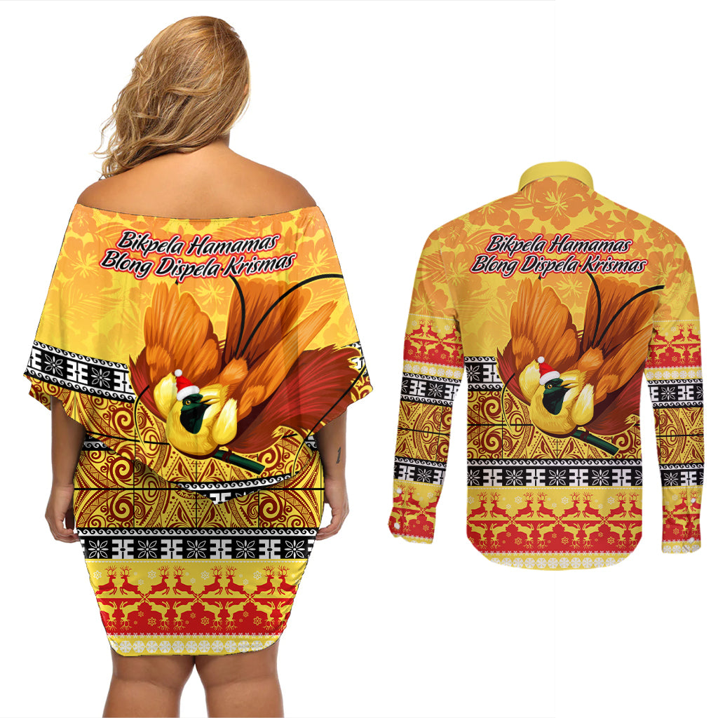 PNG Hamamas Krismas Couples Matching Off Shoulder Short Dress and Long Sleeve Button Shirt Papua New Guinea Bird Of Paradise Merry Christmas Gold Style LT9 - Polynesian Pride