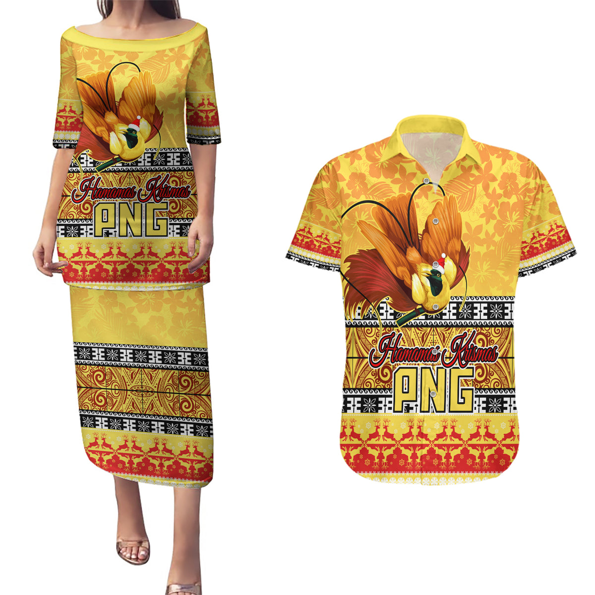 PNG Hamamas Krismas Couples Matching Puletasi Dress and Hawaiian Shirt Papua New Guinea Bird Of Paradise Merry Christmas Gold Style LT9 Gold - Polynesian Pride