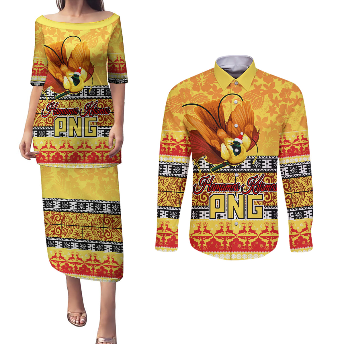 PNG Hamamas Krismas Couples Matching Puletasi Dress and Long Sleeve Button Shirt Papua New Guinea Bird Of Paradise Merry Christmas Gold Style LT9 Gold - Polynesian Pride
