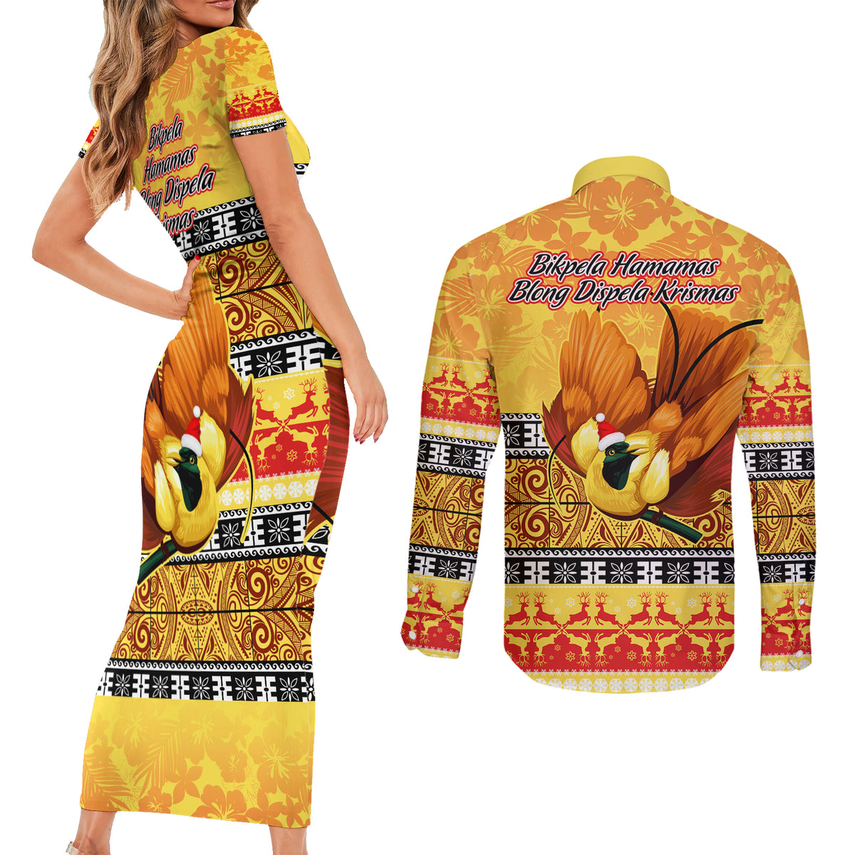 PNG Hamamas Krismas Couples Matching Short Sleeve Bodycon Dress and Long Sleeve Button Shirt Papua New Guinea Bird Of Paradise Merry Christmas Gold Style LT9 - Polynesian Pride