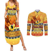 PNG Hamamas Krismas Couples Matching Summer Maxi Dress and Long Sleeve Button Shirt Papua New Guinea Bird Of Paradise Merry Christmas Gold Style LT9 Gold - Polynesian Pride