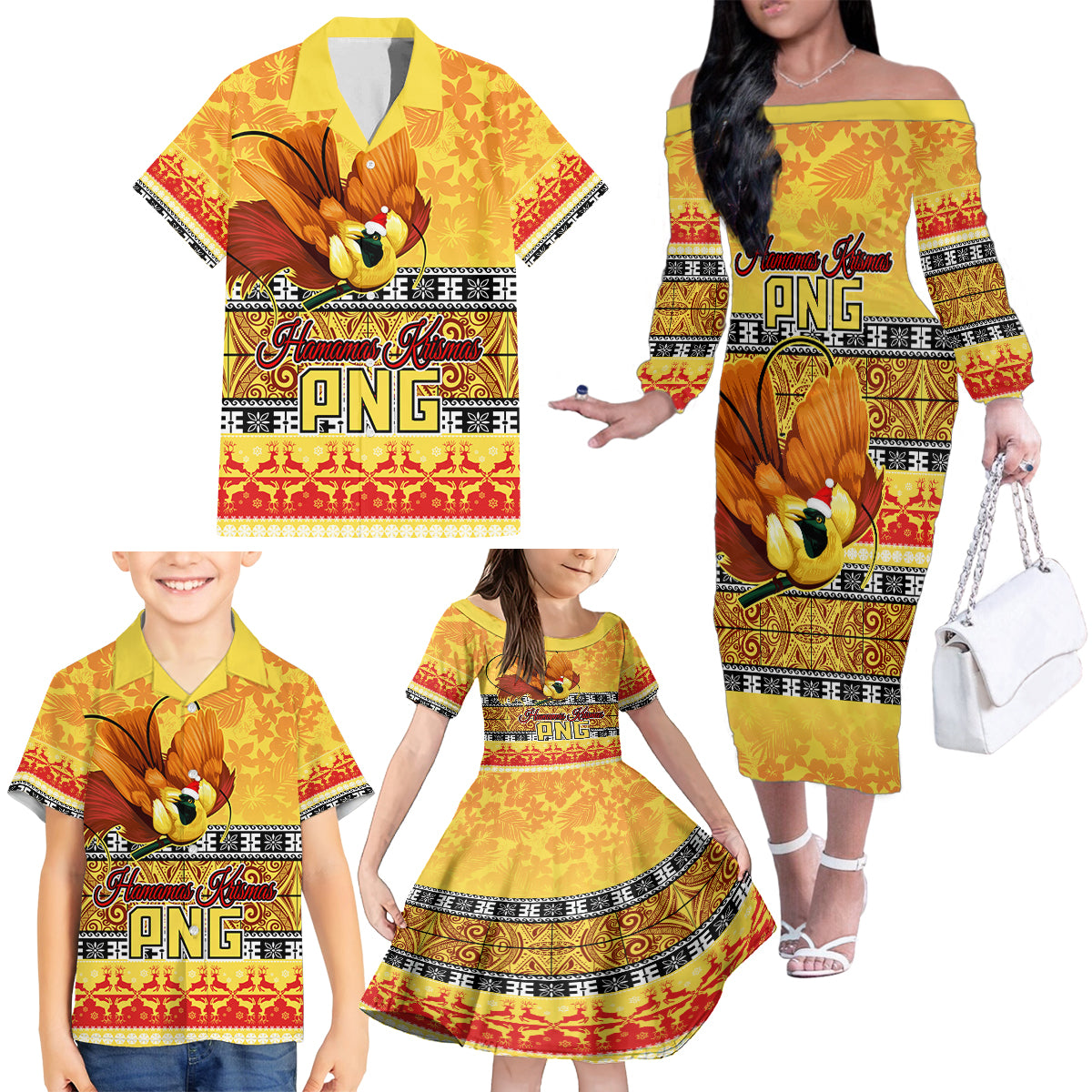 PNG Hamamas Krismas Family Matching Off Shoulder Long Sleeve Dress and Hawaiian Shirt Papua New Guinea Bird Of Paradise Merry Christmas Gold Style LT9 - Polynesian Pride