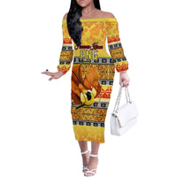 PNG Hamamas Krismas Family Matching Off Shoulder Long Sleeve Dress and Hawaiian Shirt Papua New Guinea Bird Of Paradise Merry Christmas Gold Style LT9 Mom's Dress Gold - Polynesian Pride
