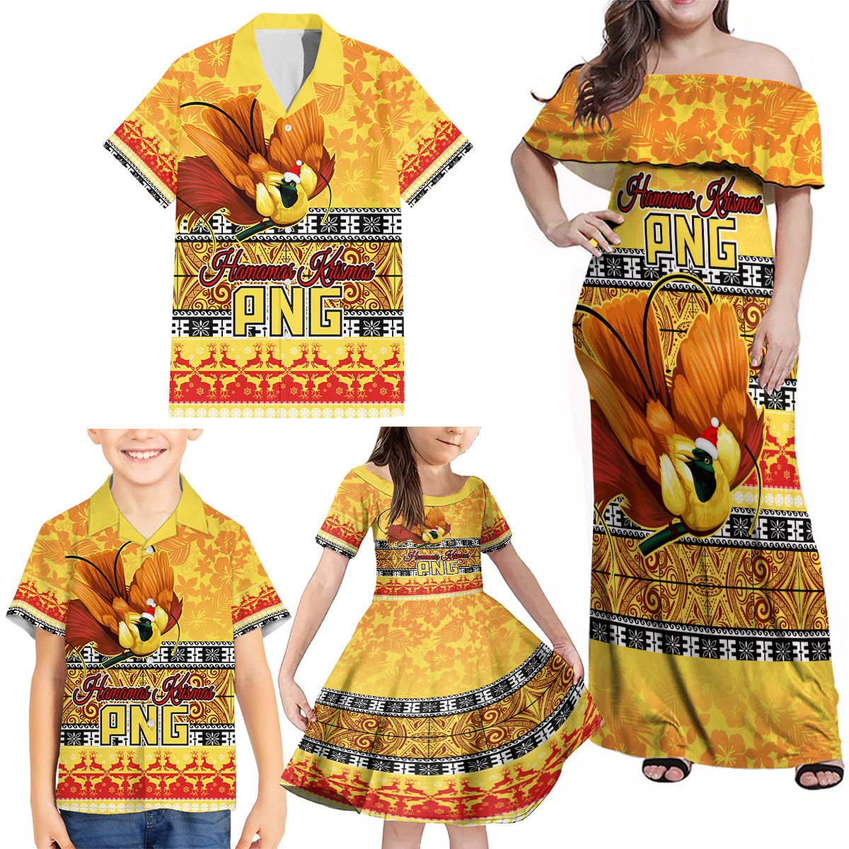 PNG Hamamas Krismas Family Matching Off Shoulder Maxi Dress and Hawaiian Shirt Papua New Guinea Bird Of Paradise Merry Christmas Gold Style LT9 - Polynesian Pride