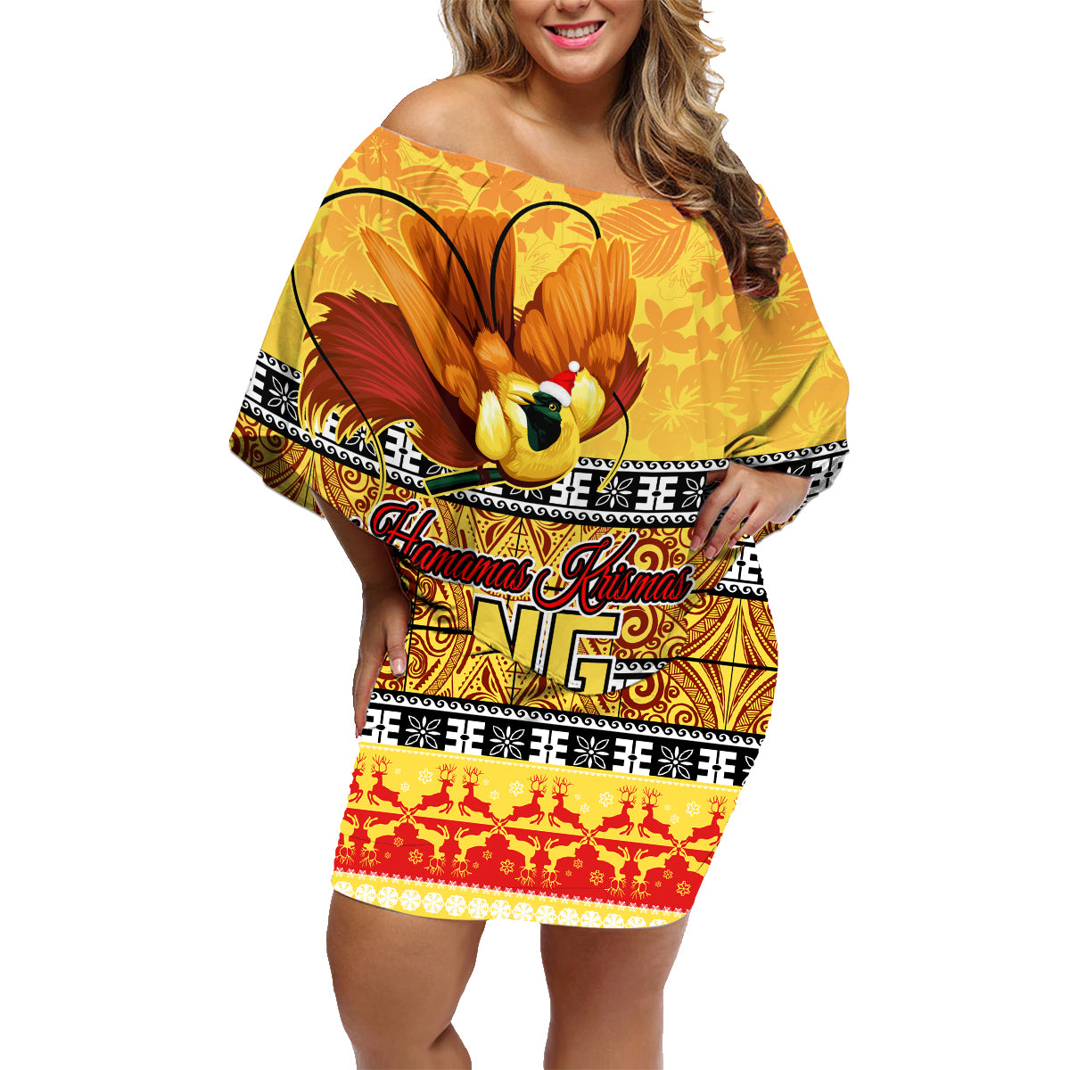 PNG Hamamas Krismas Family Matching Off Shoulder Short Dress and Hawaiian Shirt Papua New Guinea Bird Of Paradise Merry Christmas Gold Style LT9 Mom's Dress Gold - Polynesian Pride