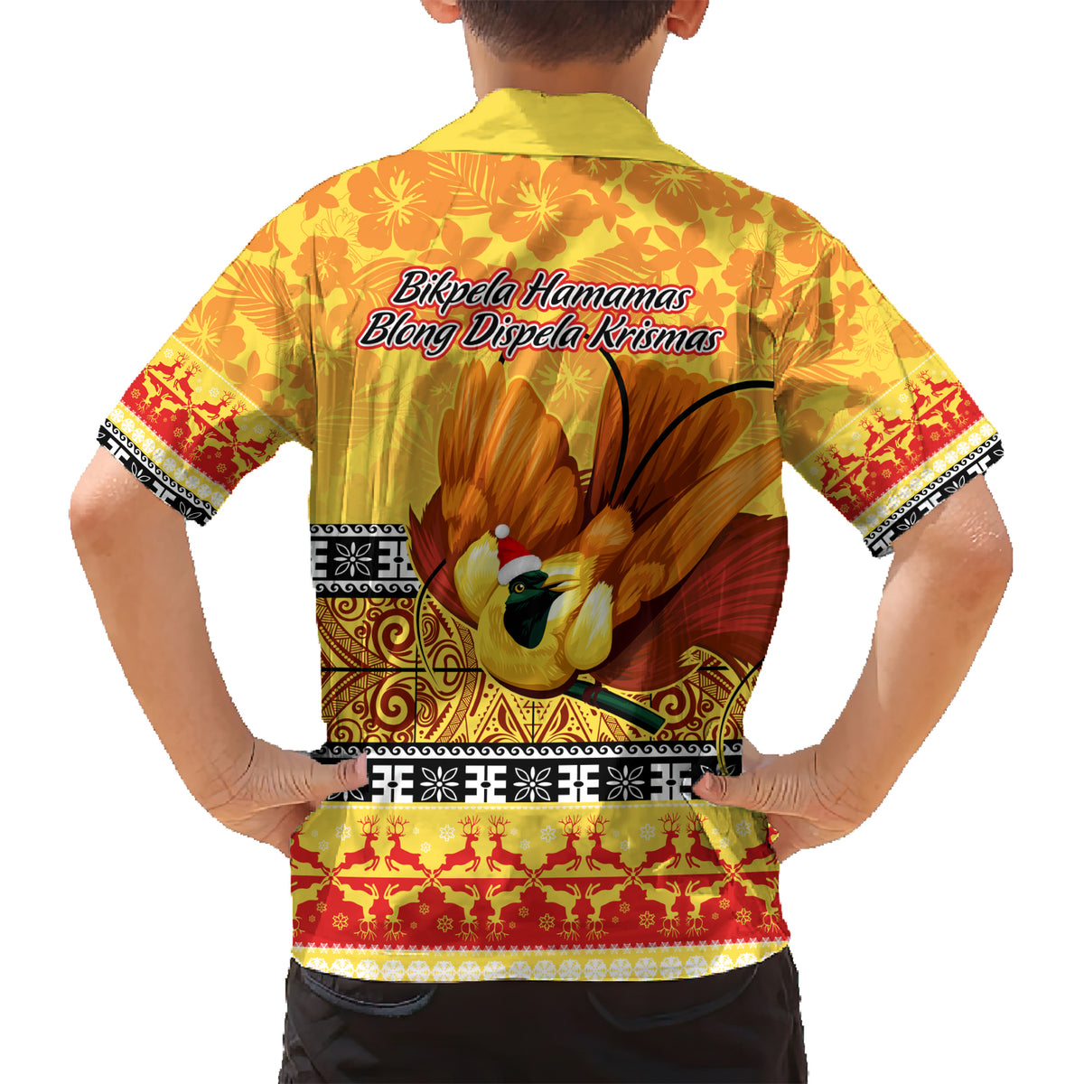 PNG Hamamas Krismas Family Matching Short Sleeve Bodycon Dress and Hawaiian Shirt Papua New Guinea Bird Of Paradise Merry Christmas Gold Style LT9 - Polynesian Pride