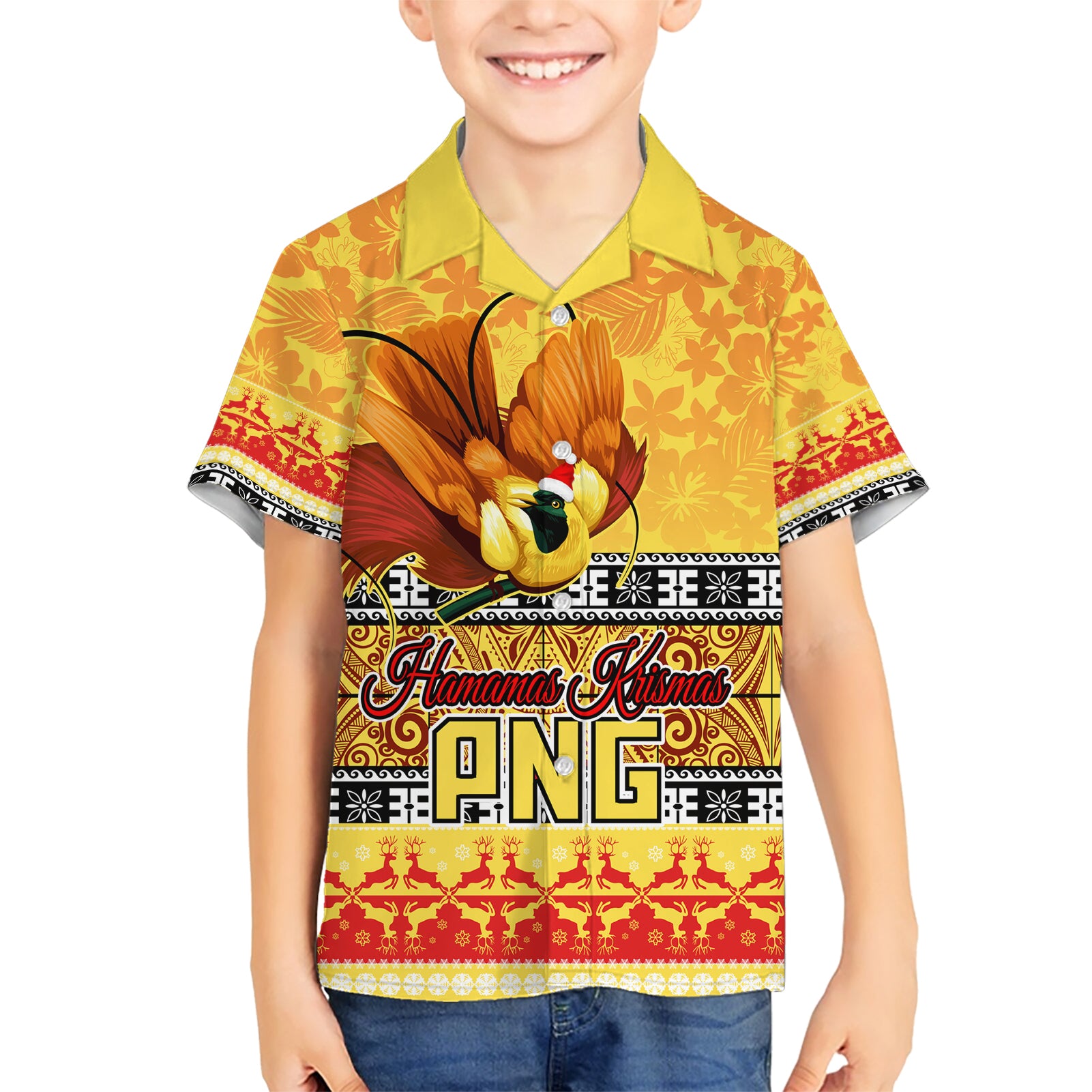 PNG Hamamas Krismas Kid Hawaiian Shirt Papua New Guinea Bird Of Paradise Merry Christmas Gold Style LT9 Kid Gold - Polynesian Pride