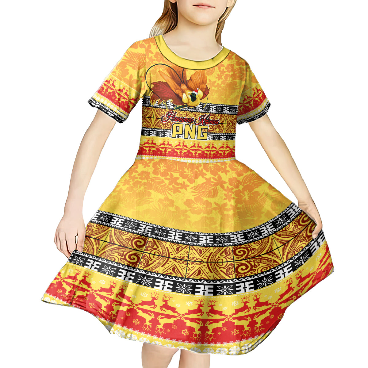 PNG Hamamas Krismas Kid Short Sleeve Dress Papua New Guinea Bird Of Paradise Merry Christmas Gold Style LT9 - Polynesian Pride
