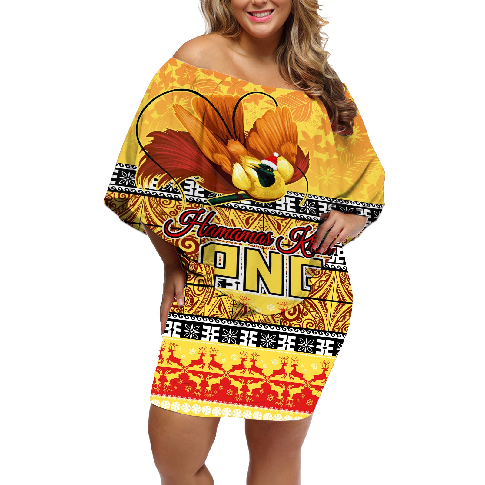 PNG Hamamas Krismas Off Shoulder Short Dress Papua New Guinea Bird Of Paradise Merry Christmas Gold Style LT9 Women Gold - Polynesian Pride