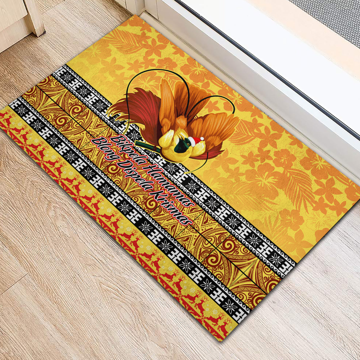 PNG Hamamas Krismas Rubber Doormat Papua New Guinea Bird Of Paradise Merry Christmas Gold Style LT9 - Polynesian Pride