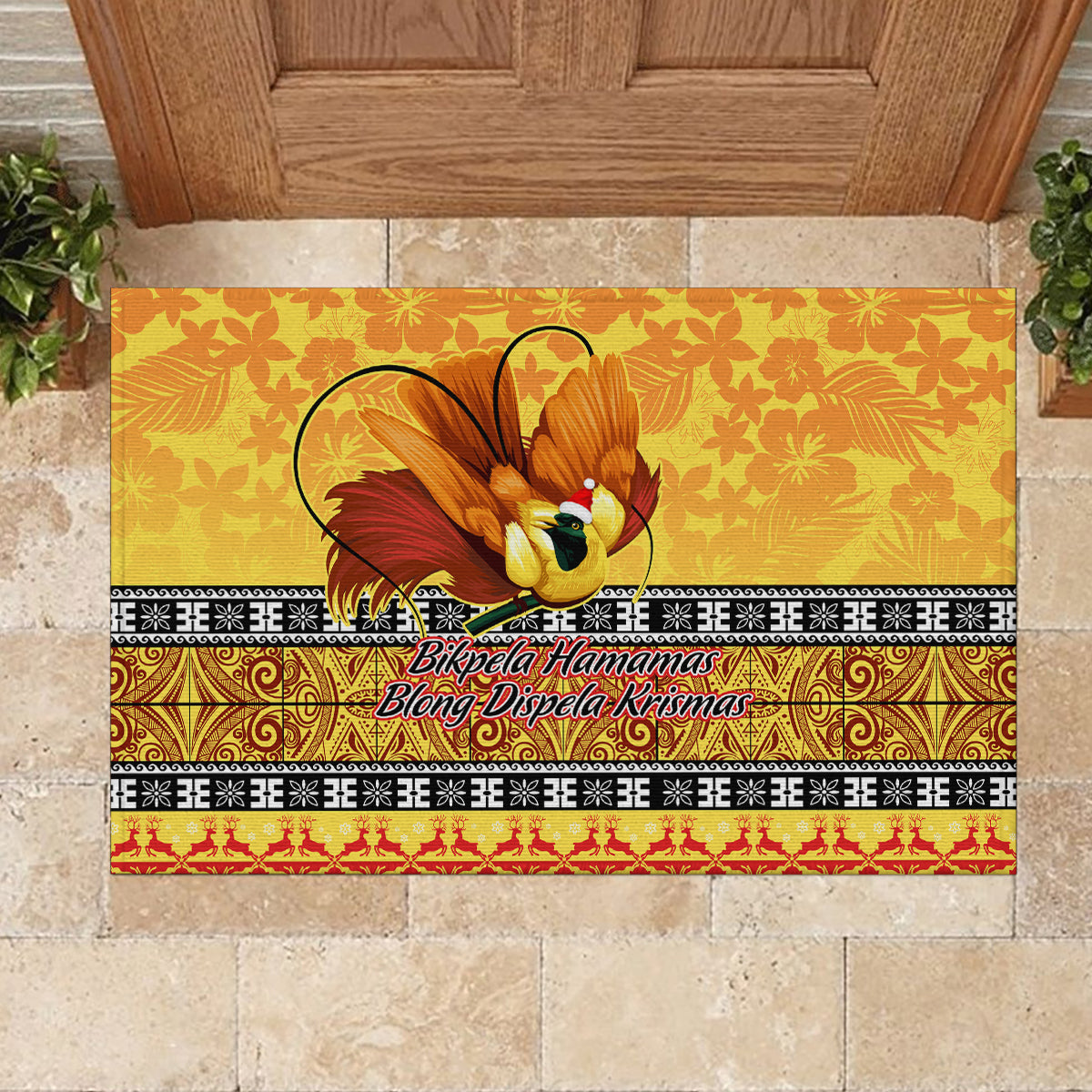 PNG Hamamas Krismas Rubber Doormat Papua New Guinea Bird Of Paradise Merry Christmas Gold Style LT9 - Polynesian Pride
