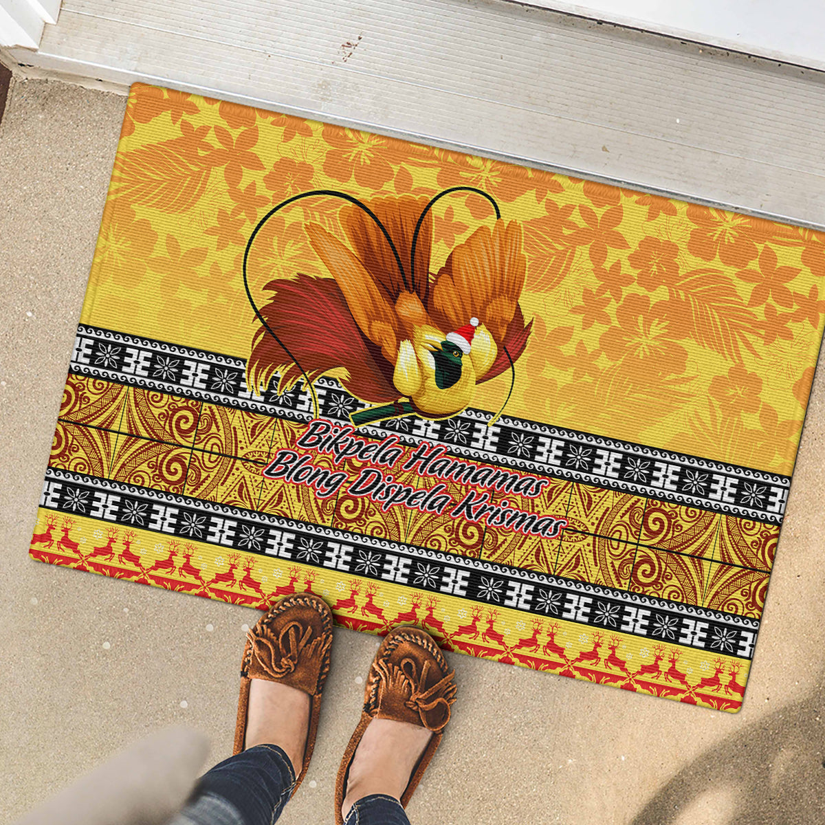 PNG Hamamas Krismas Rubber Doormat Papua New Guinea Bird Of Paradise Merry Christmas Gold Style LT9 - Polynesian Pride