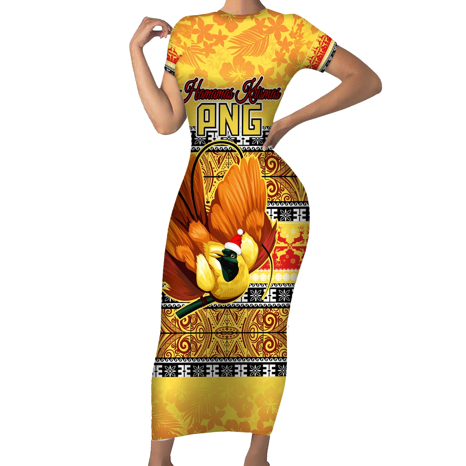 PNG Hamamas Krismas Short Sleeve Bodycon Dress Papua New Guinea Bird Of Paradise Merry Christmas Gold Style LT9 Long Dress Gold - Polynesian Pride