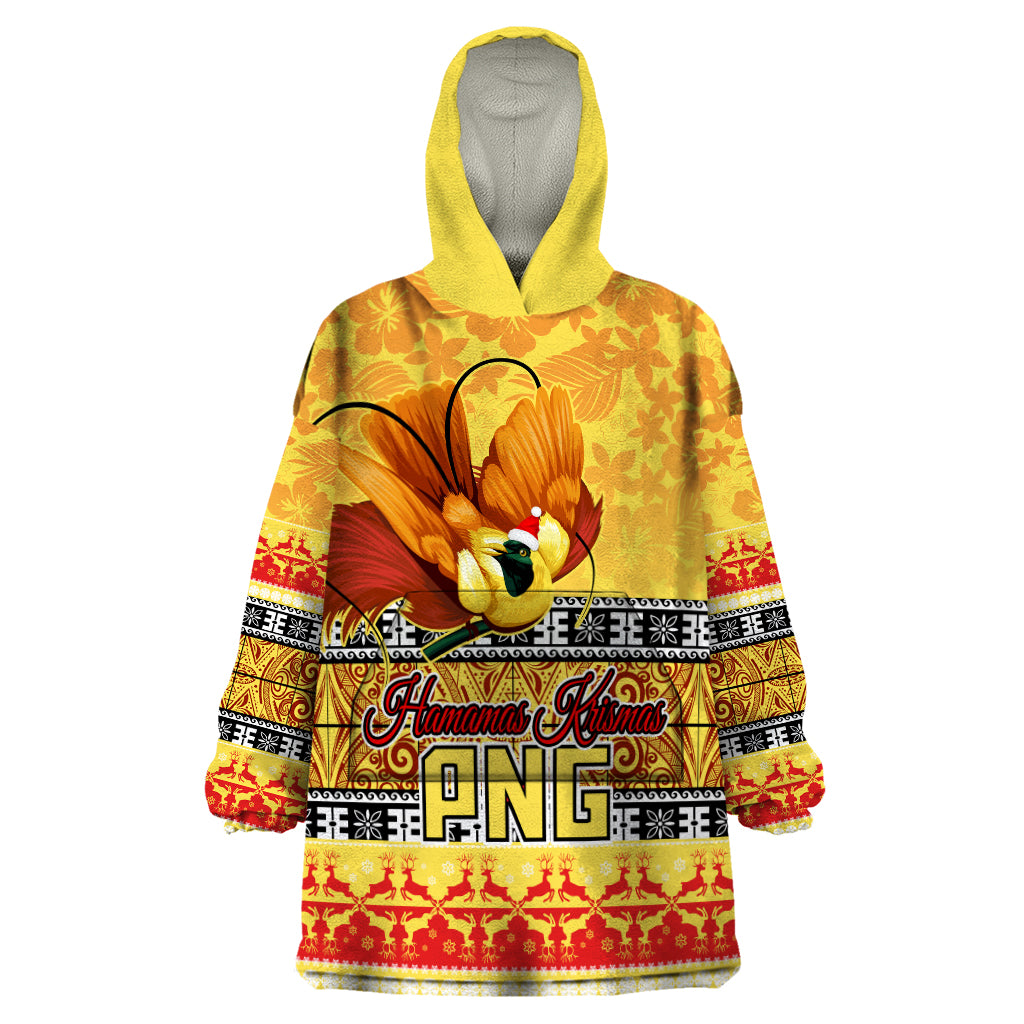 PNG Hamamas Krismas Wearable Blanket Hoodie Papua New Guinea Bird Of Paradise Merry Christmas Gold Style LT9 One Size Gold - Polynesian Pride
