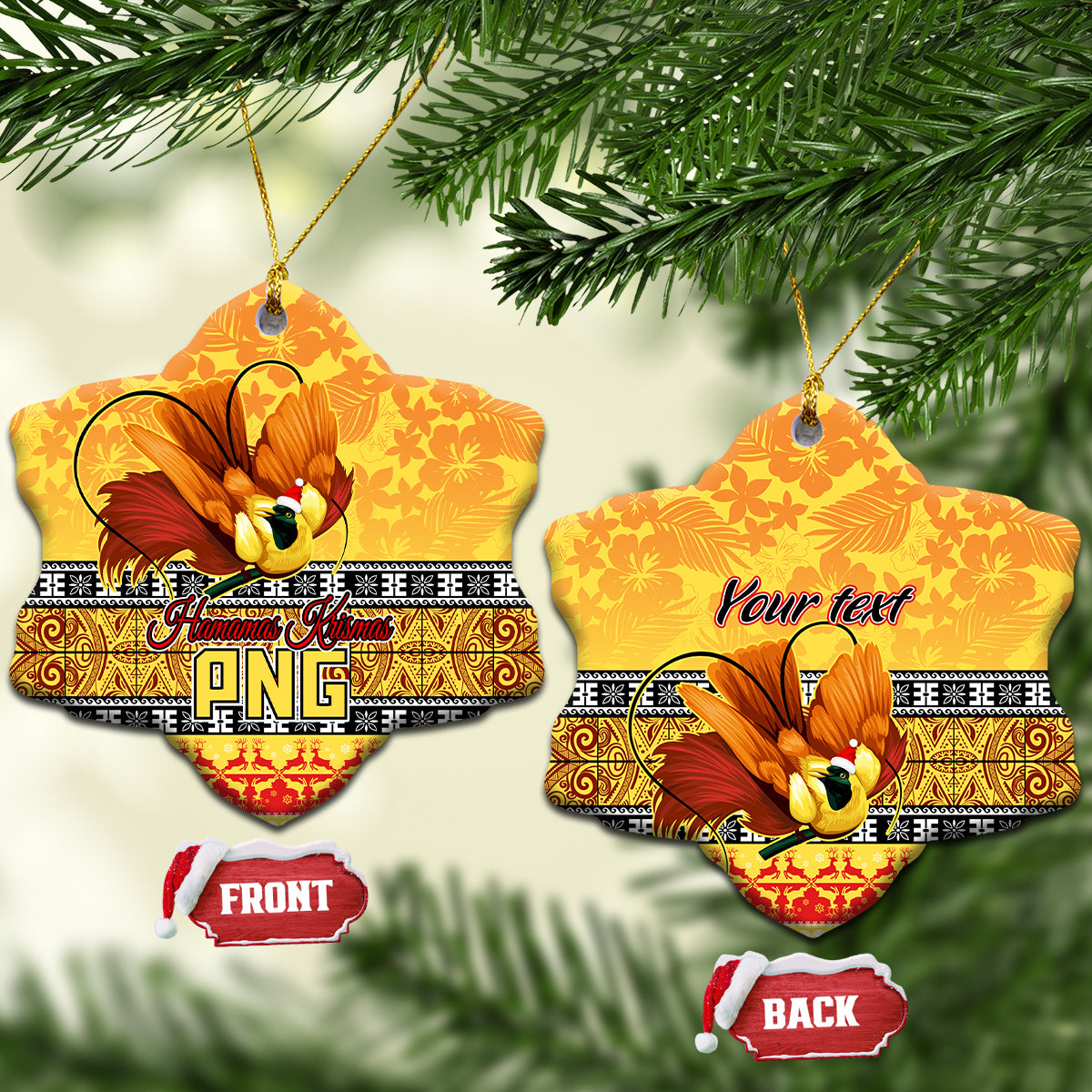 Personalised PNG Hamamas Krismas Ceramic Ornament Papua New Guinea Bird Of Paradise Merry Christmas Gold Style LT9 Snow Flake Gold - Polynesian Pride