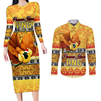 Personalised PNG Hamamas Krismas Couples Matching Long Sleeve Bodycon Dress and Long Sleeve Button Shirt Papua New Guinea Bird Of Paradise Merry Christmas Gold Style LT9 Gold - Polynesian Pride