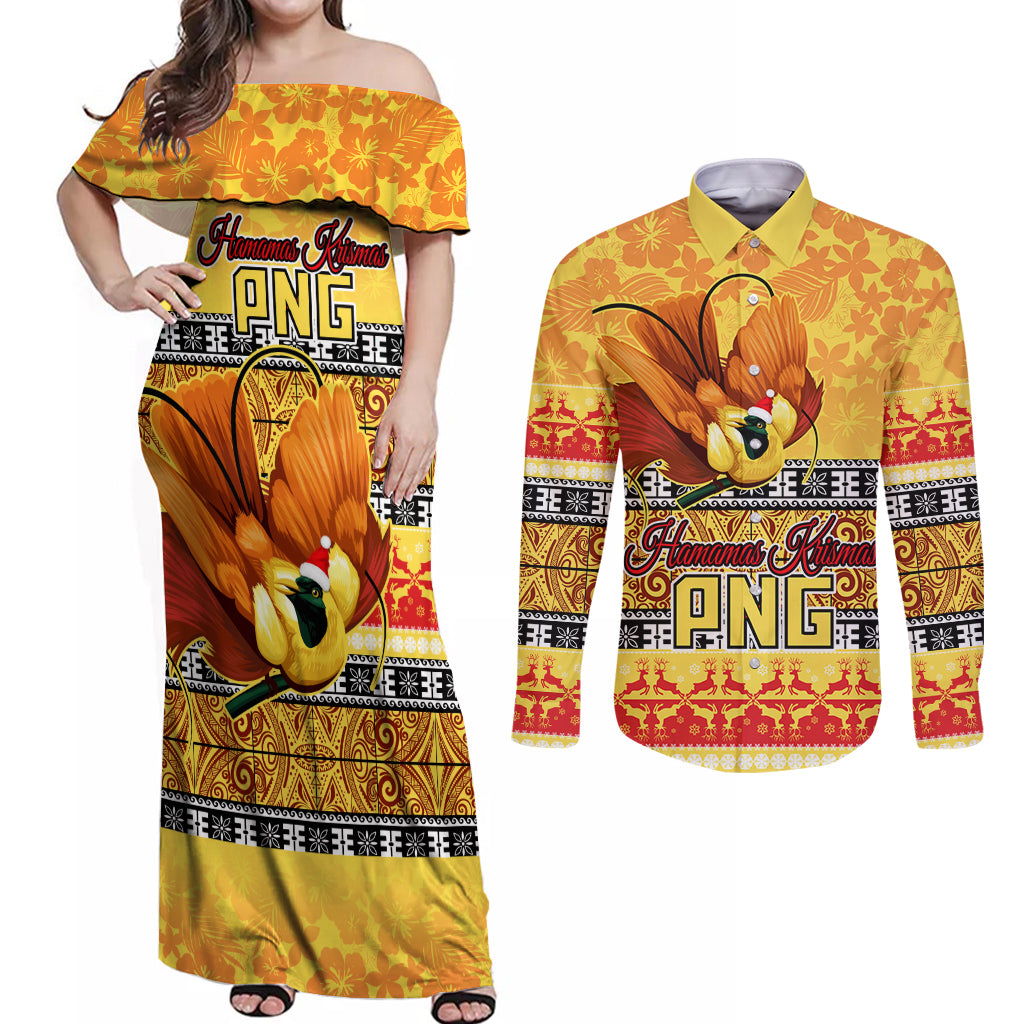 Personalised PNG Hamamas Krismas Couples Matching Off Shoulder Maxi Dress and Long Sleeve Button Shirt Papua New Guinea Bird Of Paradise Merry Christmas Gold Style LT9 Gold - Polynesian Pride