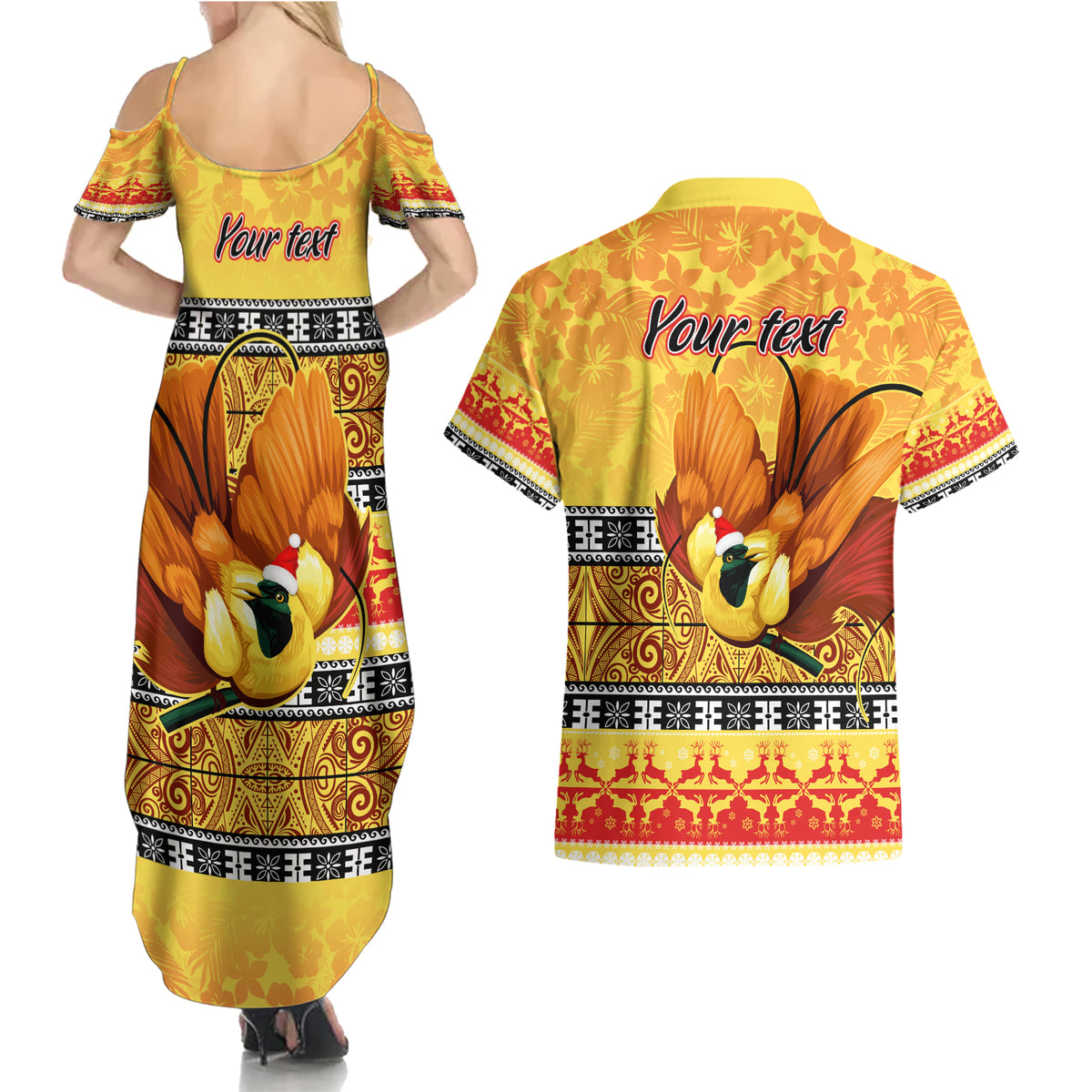 Personalised PNG Hamamas Krismas Couples Matching Summer Maxi Dress and Hawaiian Shirt Papua New Guinea Bird Of Paradise Merry Christmas Gold Style LT9 - Polynesian Pride