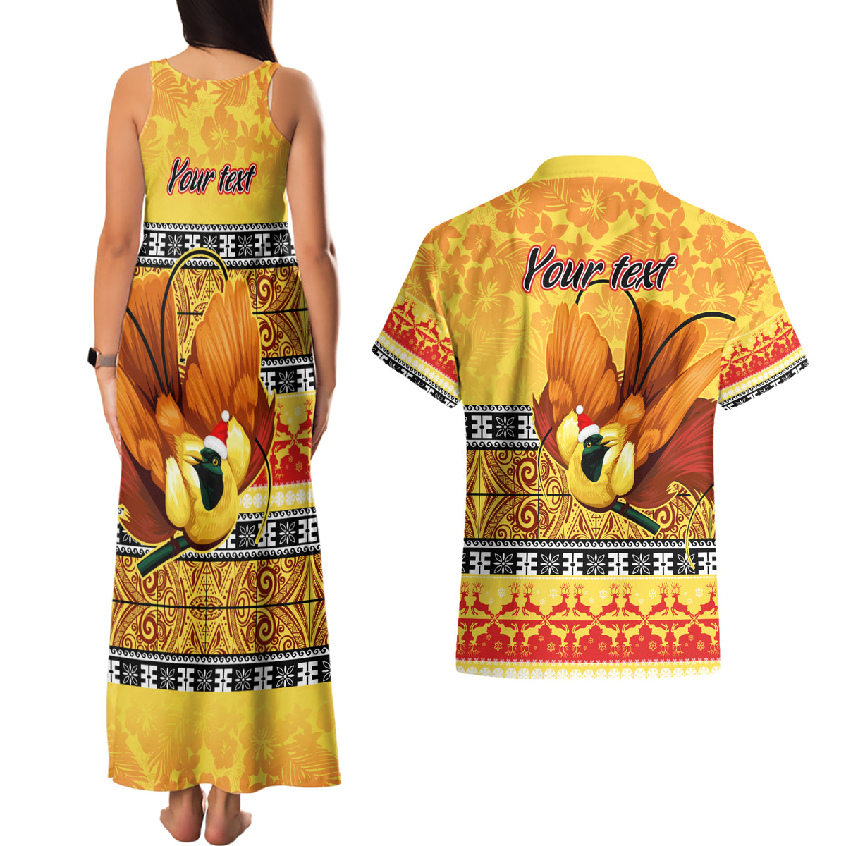 Personalised PNG Hamamas Krismas Couples Matching Tank Maxi Dress and Hawaiian Shirt Papua New Guinea Bird Of Paradise Merry Christmas Gold Style LT9 - Polynesian Pride
