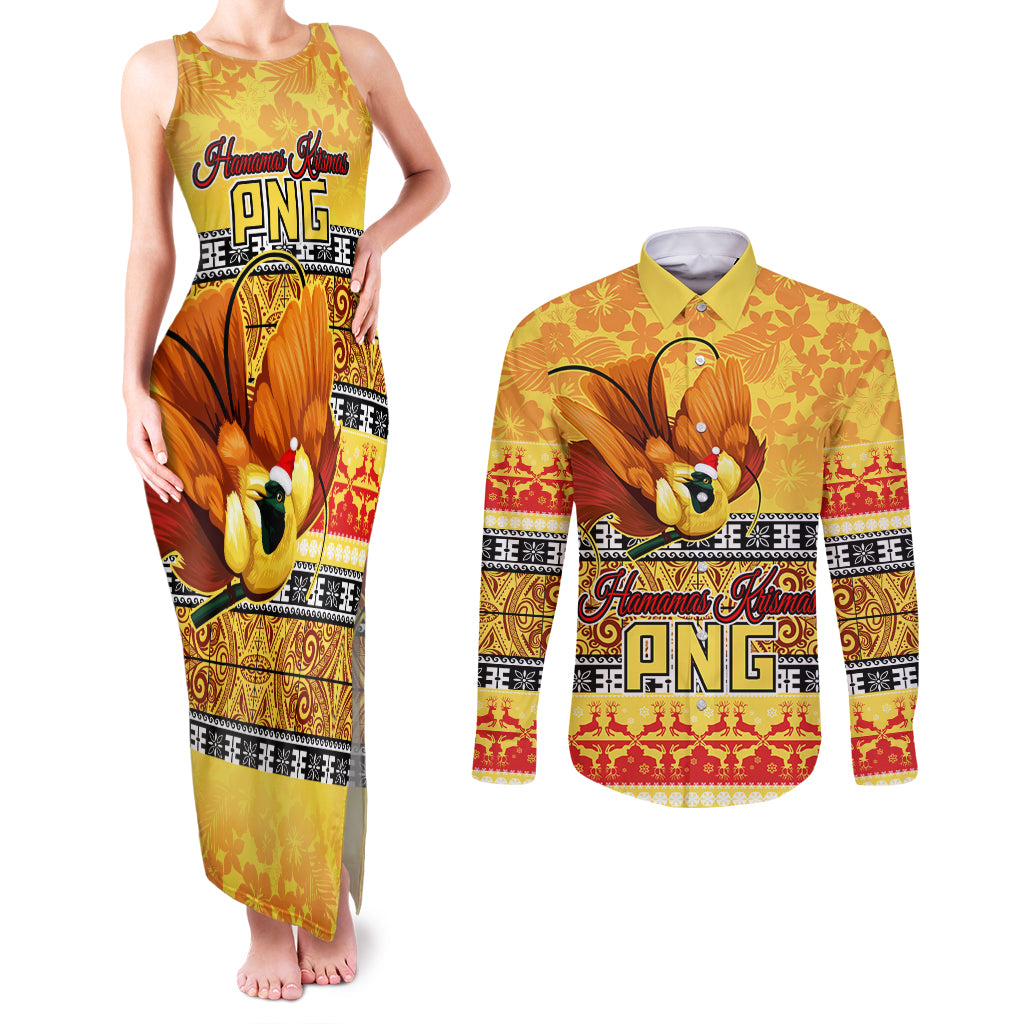 Personalised PNG Hamamas Krismas Couples Matching Tank Maxi Dress and Long Sleeve Button Shirt Papua New Guinea Bird Of Paradise Merry Christmas Gold Style LT9 Gold - Polynesian Pride