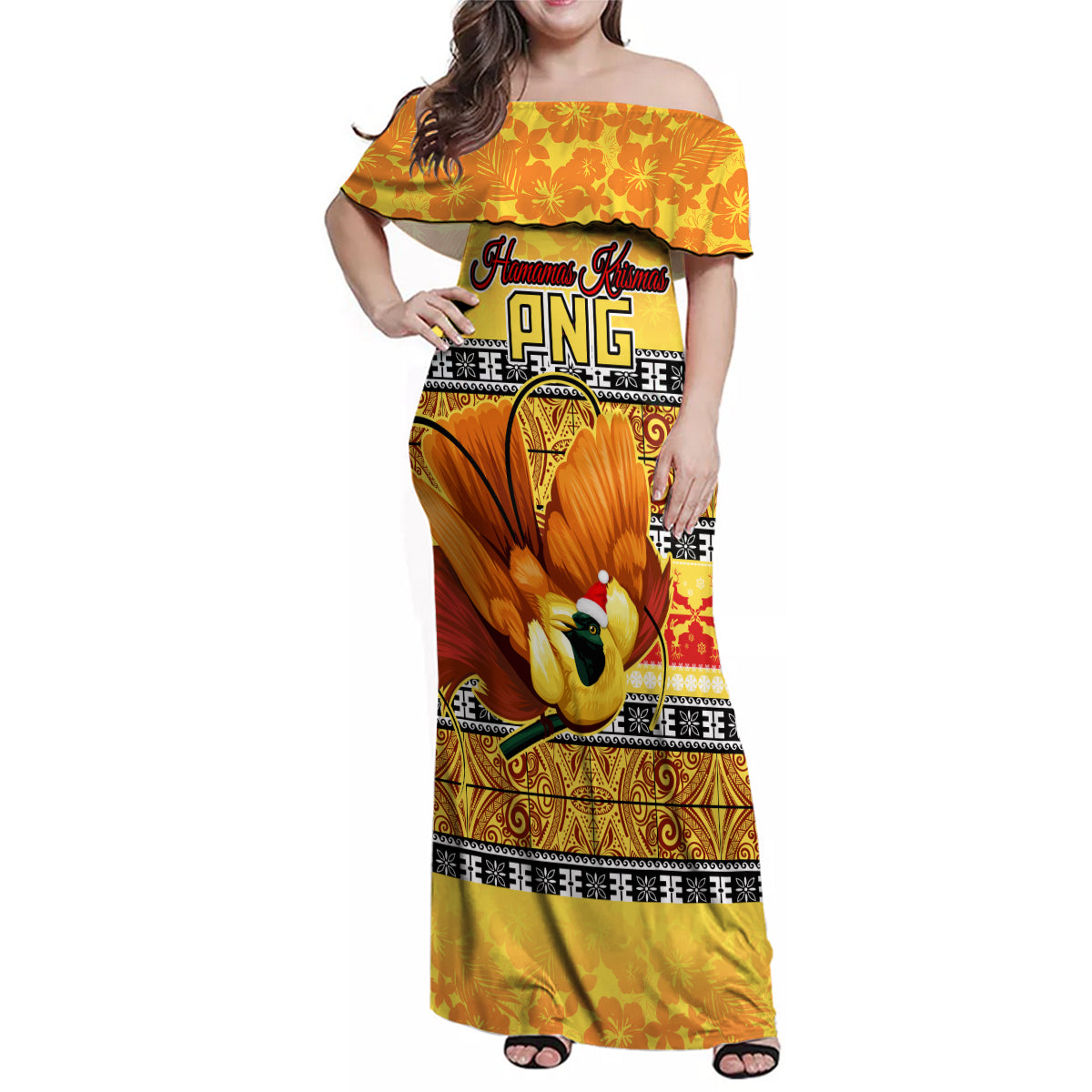 Personalised PNG Hamamas Krismas Family Matching Off Shoulder Maxi Dress and Hawaiian Shirt Papua New Guinea Bird Of Paradise Merry Christmas Gold Style LT9 Mom's Dress Gold - Polynesian Pride