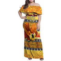Personalised PNG Hamamas Krismas Family Matching Off Shoulder Maxi Dress and Hawaiian Shirt Papua New Guinea Bird Of Paradise Merry Christmas Gold Style LT9 Mom's Dress Gold - Polynesian Pride