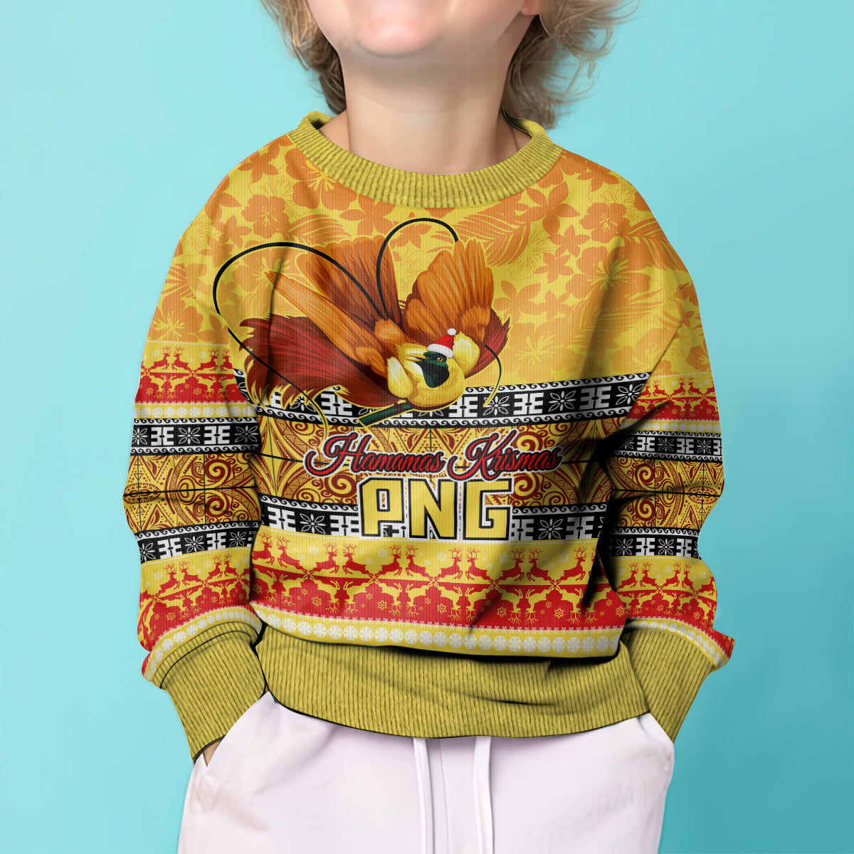 Personalised PNG Hamamas Krismas Kid Ugly Christmas Sweater Papua New Guinea Bird Of Paradise Merry Christmas Gold Style LT9 - Polynesian Pride