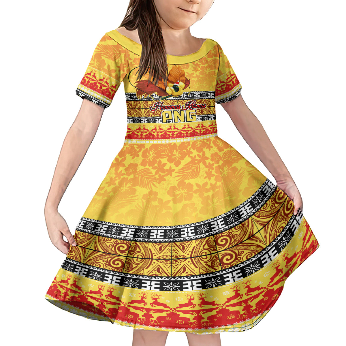 Personalised PNG Hamamas Krismas Kid Short Sleeve Dress Papua New Guinea Bird Of Paradise Merry Christmas Gold Style LT9 KID Gold - Polynesian Pride