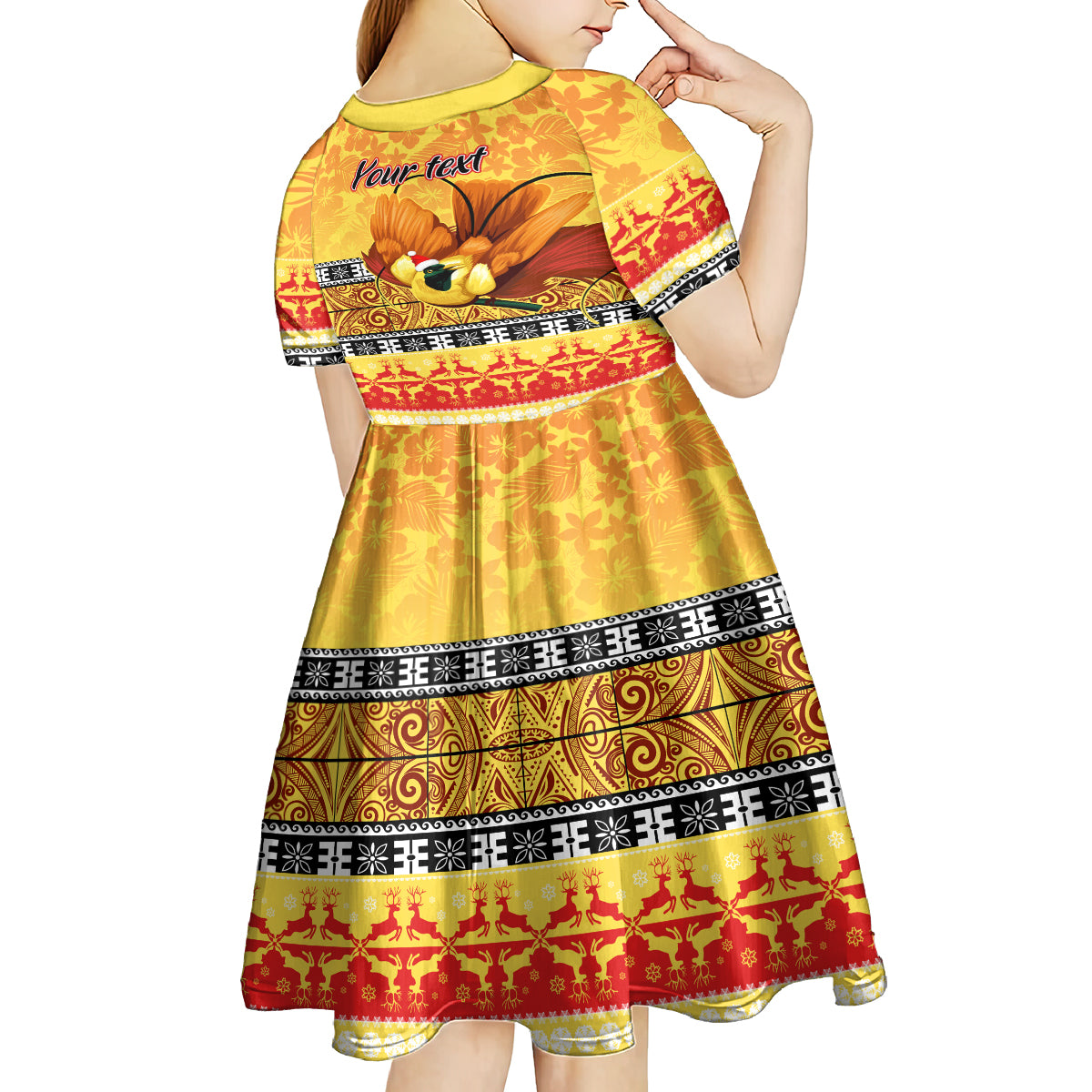 Personalised PNG Hamamas Krismas Kid Short Sleeve Dress Papua New Guinea Bird Of Paradise Merry Christmas Gold Style LT9 - Polynesian Pride