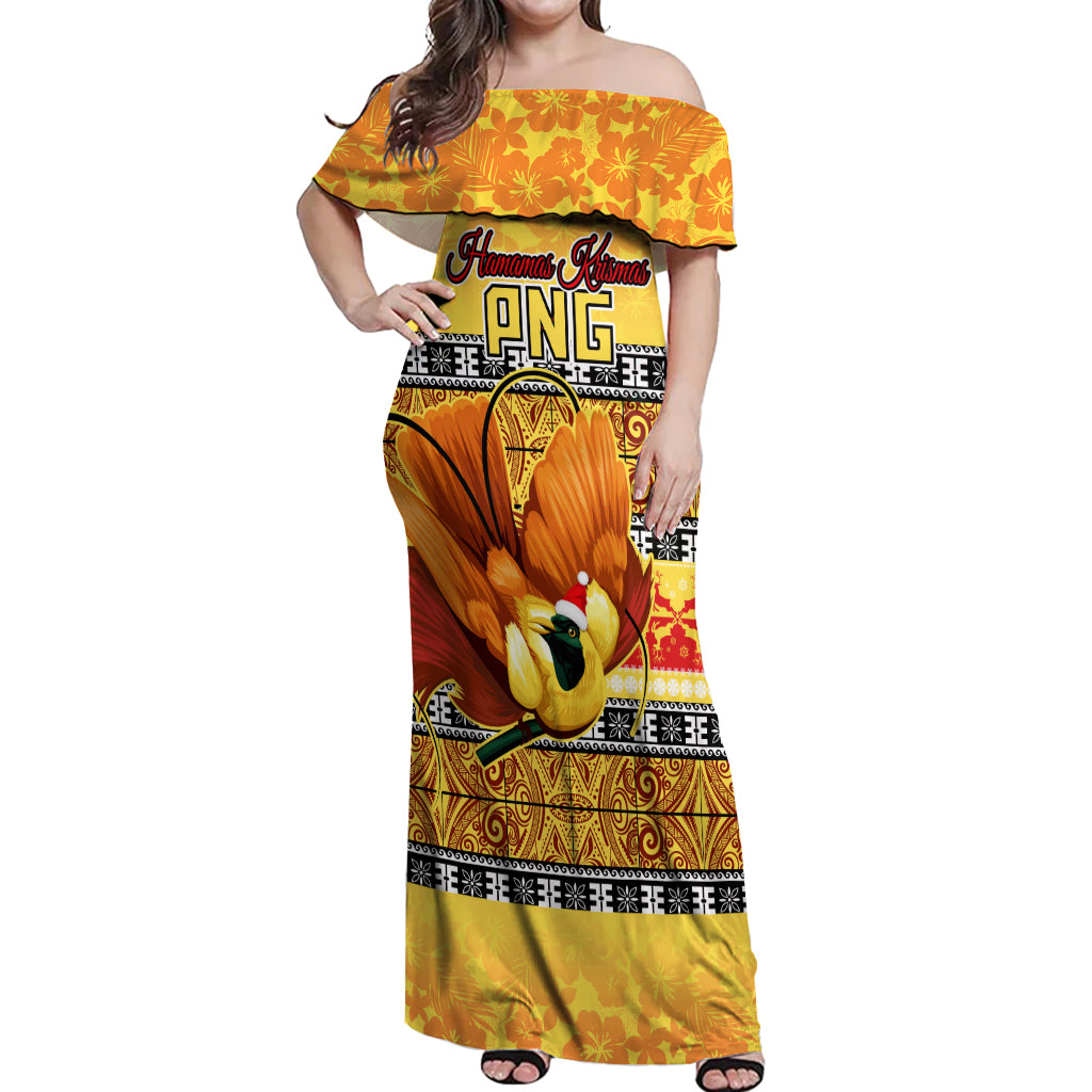 Personalised PNG Hamamas Krismas Off Shoulder Maxi Dress Papua New Guinea Bird Of Paradise Merry Christmas Gold Style LT9 Women Gold - Polynesian Pride