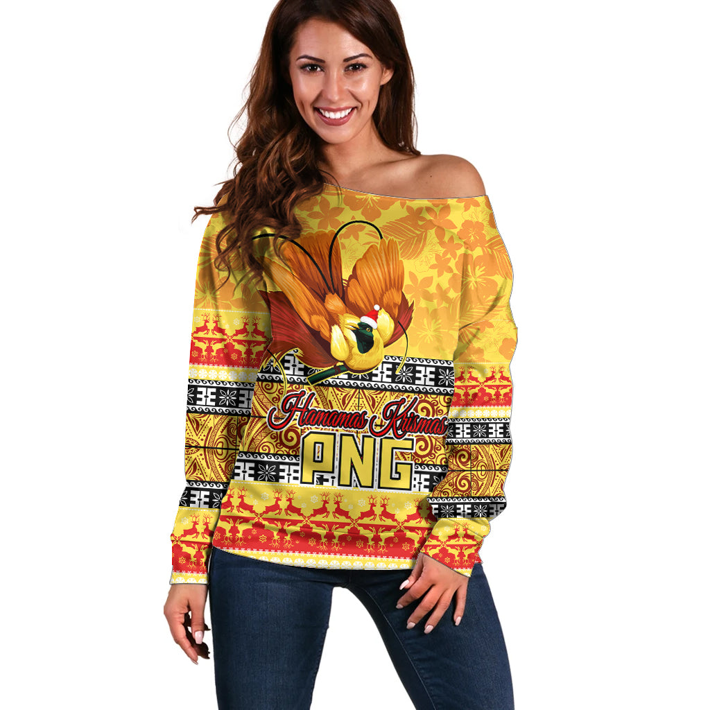 Personalised PNG Hamamas Krismas Off Shoulder Sweater Papua New Guinea Bird Of Paradise Merry Christmas Gold Style LT9 Women Gold - Polynesian Pride