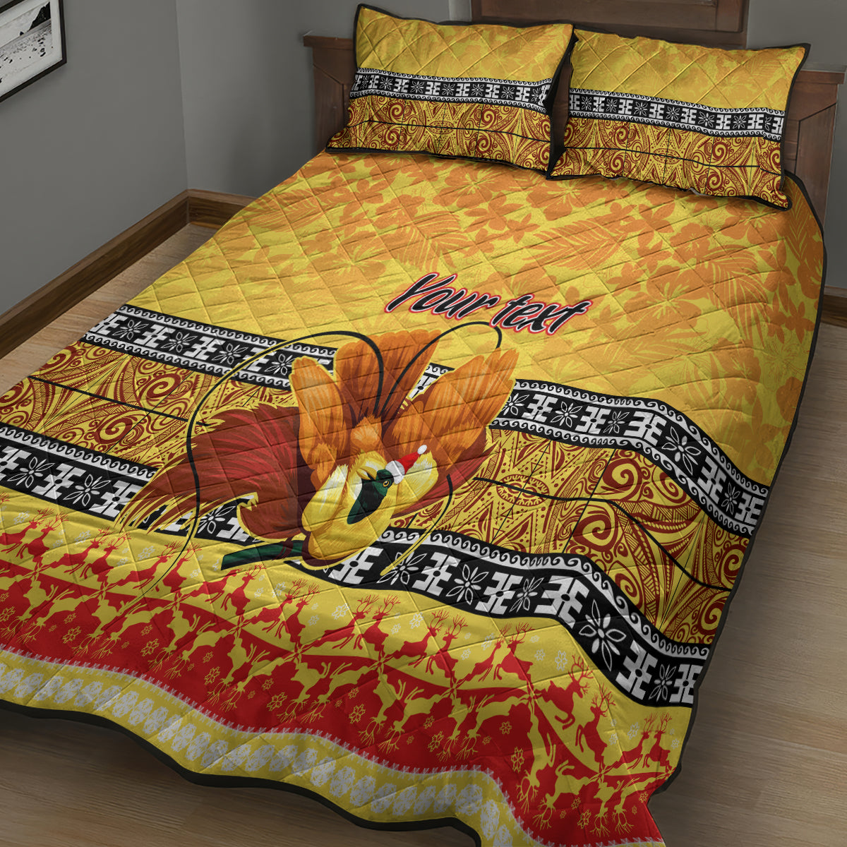 Personalised PNG Hamamas Krismas Quilt Bed Set Papua New Guinea Bird Of Paradise Merry Christmas Gold Style LT9 - Polynesian Pride