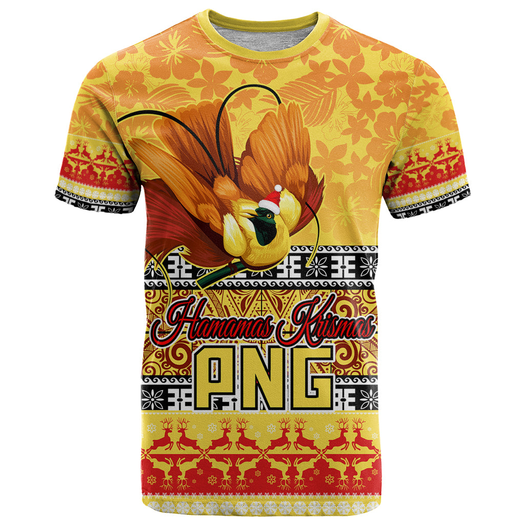 Personalised PNG Hamamas Krismas T Shirt Papua New Guinea Bird Of Paradise Merry Christmas Gold Style LT9 Gold - Polynesian Pride