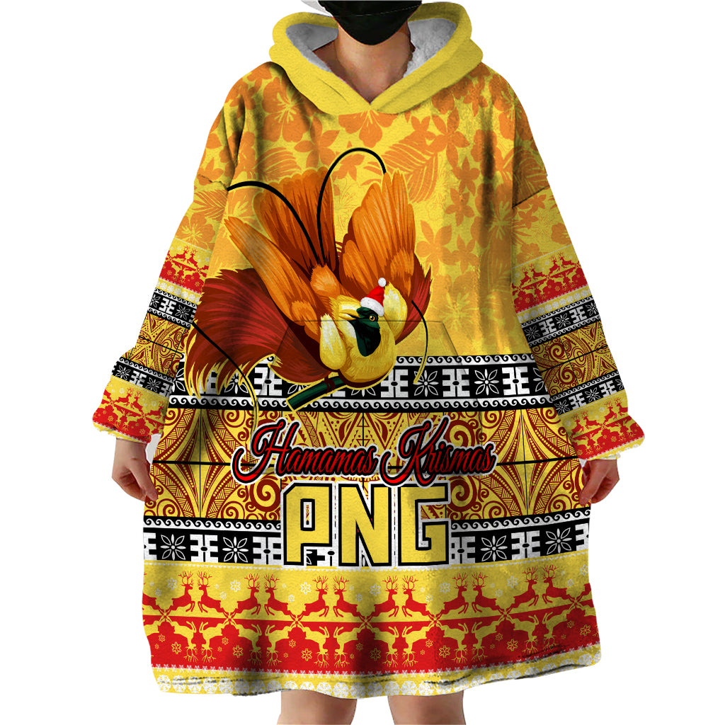 Personalised PNG Hamamas Krismas Wearable Blanket Hoodie Papua New Guinea Bird Of Paradise Merry Christmas Gold Style LT9 - Polynesian Pride