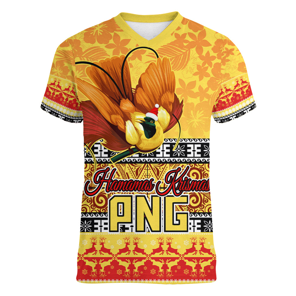 Personalised PNG Hamamas Krismas Women V Neck T Shirt Papua New Guinea Bird Of Paradise Merry Christmas Gold Style LT9 Female Gold - Polynesian Pride